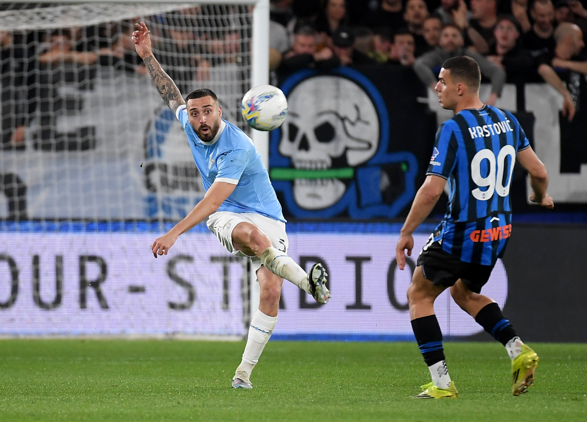 BERGAMO, ITALY - APRIL 22: Mario Gila of SS Lazio kicks the ball during the Coppa Italia semi-final match between Atalanta BC and SS Lazio at New Balance Arena on April 22, 2026 in Bergamo, Italy. (Photo by Marco Rosi - SS Lazio/Getty Images)