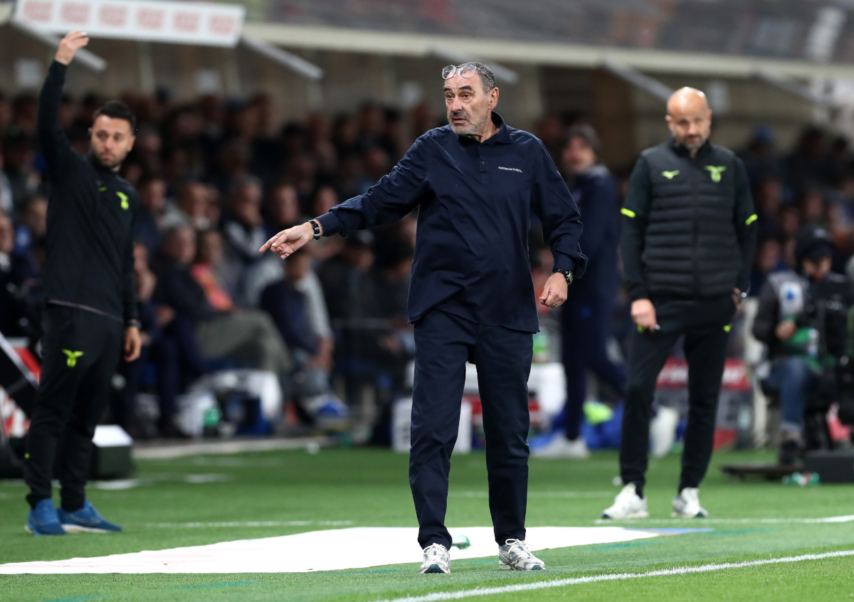 BERGAMO, ITALY - APRIL 22: Maurizio Sarri, Head Coach of Lazio, reacts during the Coppa Italia semifinal match between Atalanta BC and SS Lazio at New Balance Arena on April 22, 2026 in Bergamo, Italy. (Photo by Marco Luzzani/Getty Images)