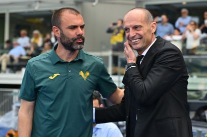 VERONA, ITALY - APRIL 19: Paolo Sammarco, Interim Head Coach of Hellas Verona, interacts with Massimiliano Allegri, Head Coach of AC Milan, prior to the Serie A match between Hellas Verona FC and AC Milan at Stadio Marcantonio Bentegodi on April 19, 2026 in Verona, Italy. (Photo by Alessandro Sabattini/Getty Images)