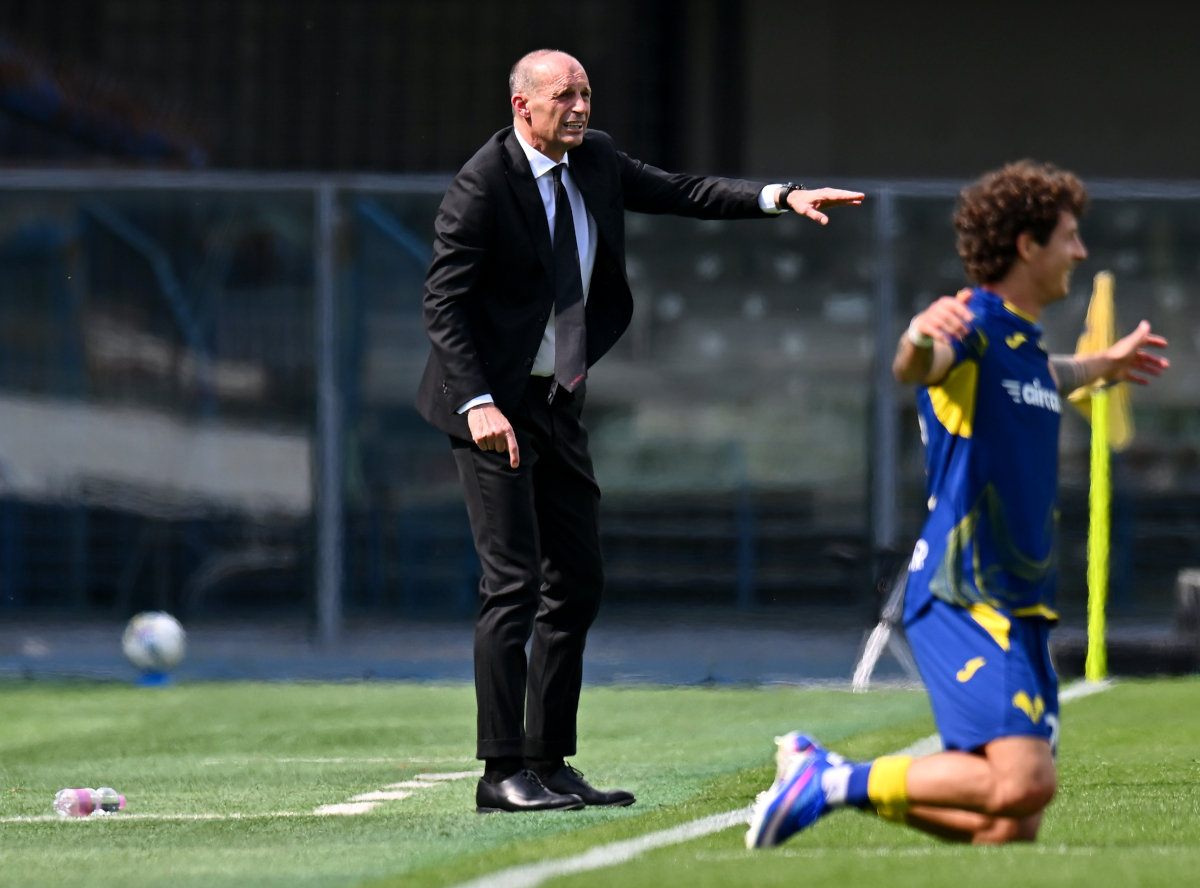 VERONA, ITALY - APRIL 19: Massimiliano Allegri, Head Coach of AC Milan, gestures during the Serie A match between Hellas Verona FC and AC Milan at Stadio Marcantonio Bentegodi on April 19, 2026 in Verona, Italy. (Photo by Alessandro Sabattini/Getty Images)