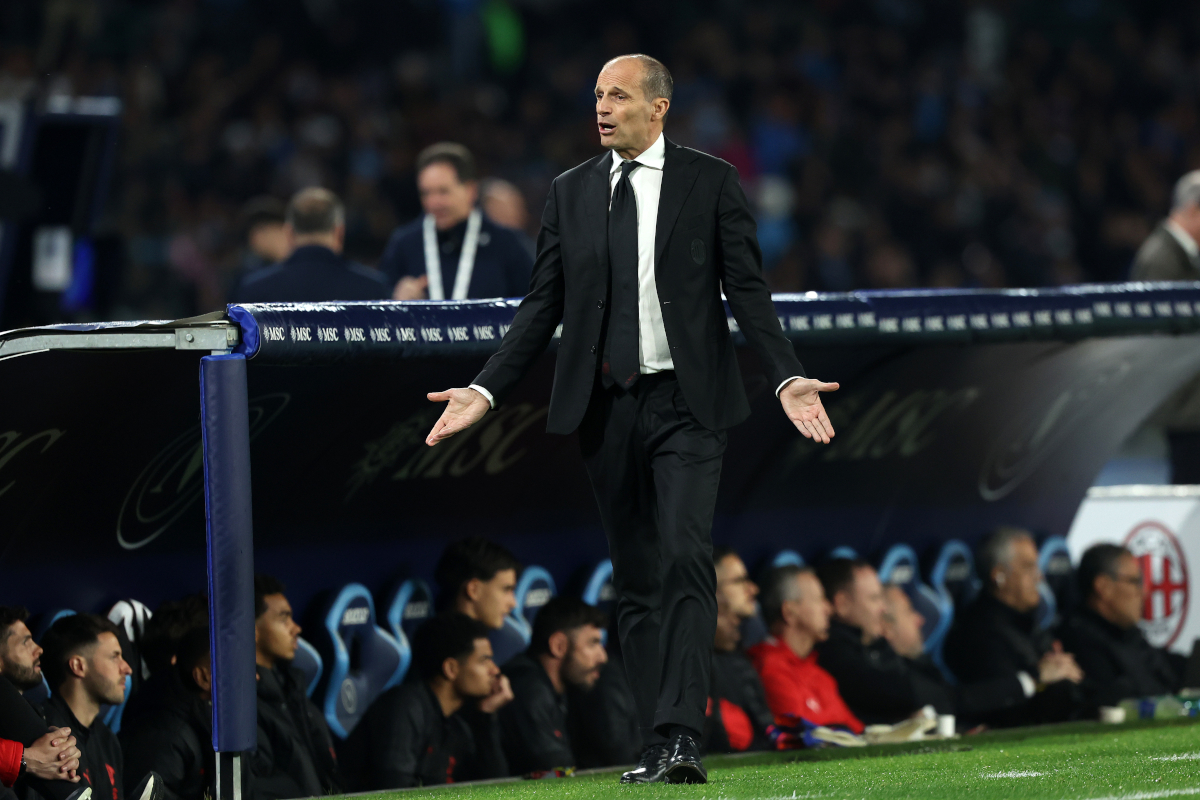 NAPLES, ITALY - APRIL 06: Massimiliano Allegri, head coach of AC Milan, gestures during the Serie A match between SSC Napoli and AC Milan at Stadio Diego Armando Maradona on April 06, 2026 in Naples, Italy. (Photo by Francesco Pecoraro/Getty Images)