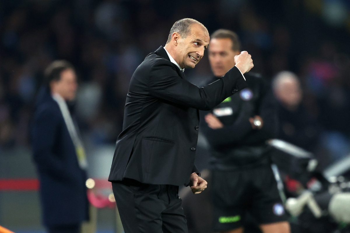 NAPLES, ITALY - APRIL 06: AC Milan head coach Massimiliano Allegri reacts during the Serie A match between SSC Napoli and AC Milan at Stadio Diego Armando Maradona on April 06, 2026 in Naples, Italy. (Photo by Francesco Pecoraro/Getty Images)