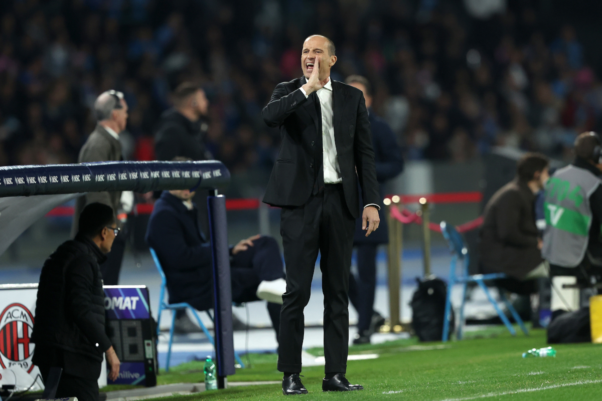 NAPLES, ITALY - APRIL 06: Massimiliano Allegri AC Milan head coach reacts during the Serie A match between SSC Napoli and AC Milan at Stadio Diego Armando Maradona on April 06, 2026 in Naples, Italy. (Photo by Francesco Pecoraro/Getty Images)