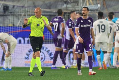 FLORENCE, ITALY - APRIL 13: Michael Fabbri referee reacts during the Serie A match between ACF Fiorentina and SS Lazio at Artemio Franchi on April 13, 2026 in Florence, Italy. (Photo by Gabriele Maltinti/Getty Images)