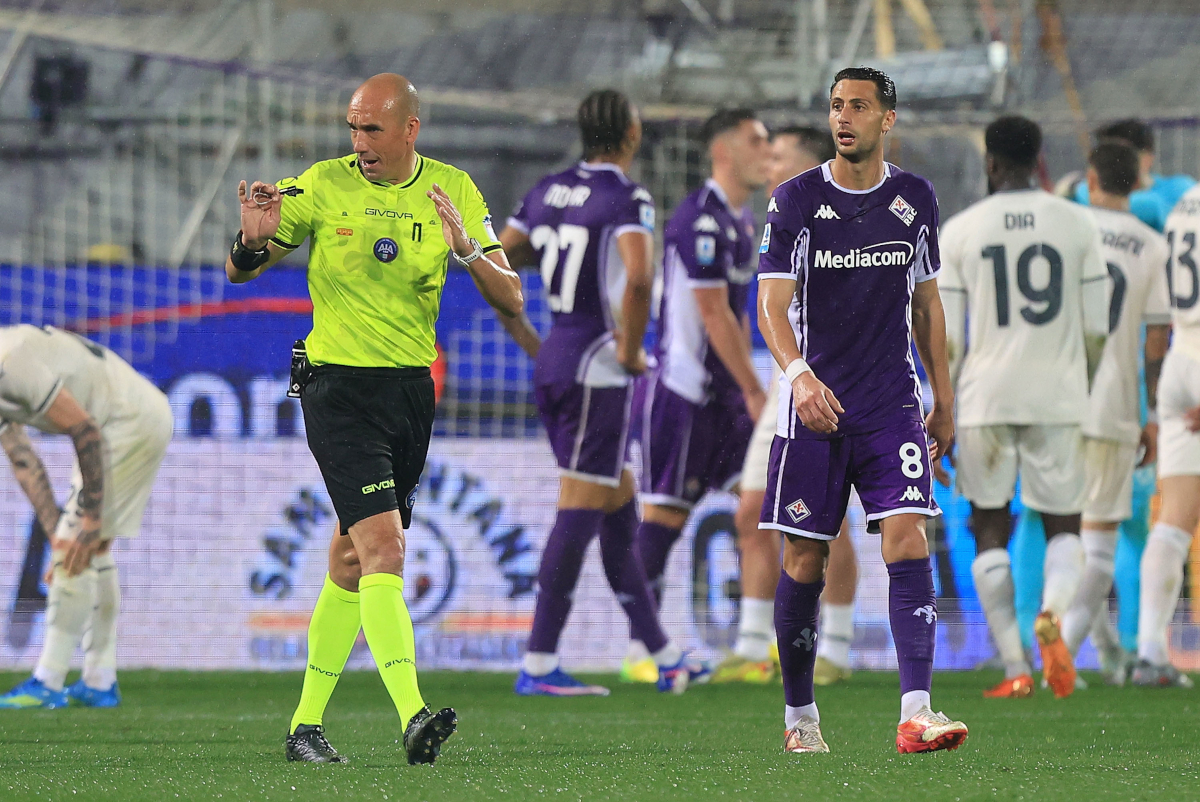 FLORENCE, ITALY - APRIL 13: Michael Fabbri referee reacts during the Serie A match between ACF Fiorentina and SS Lazio at Artemio Franchi on April 13, 2026 in Florence, Italy. (Photo by Gabriele Maltinti/Getty Images)