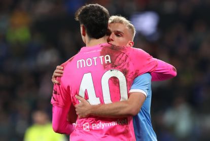 BERGAMO, ITALY - APRIL 22: Gustav Isaksen and Edoardo Motta of Lazio celebrate after the team's victory in the Coppa Italia semifinal match between Atalanta BC and SS Lazio at New Balance Arena on April 22, 2026 in Bergamo, Italy. (Photo by Marco Luzzani/Getty Images)