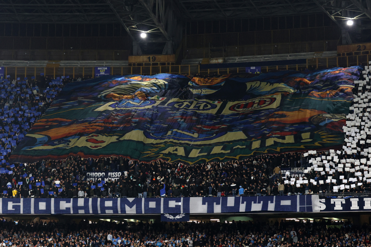 NAPLES, ITALY - APRIL 06: SSC Napoli supporters during the Serie A match between SSC Napoli and AC Milan at Stadio Diego Armando Maradona on April 06, 2026 in Naples, Italy. (Photo by Francesco Pecoraro/Getty Images)