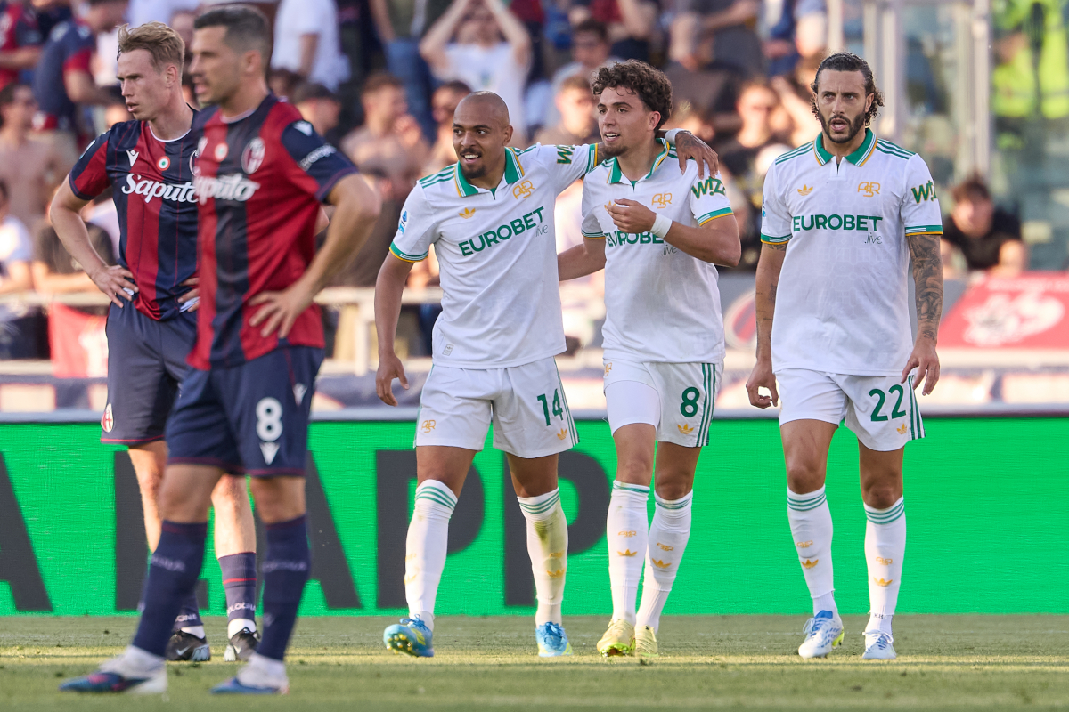 BOLOGNA, ITALY - APRIL 25: Neil El Aynaoui of AS Roma celebrates after scoring his team's second goal with his teammate Donyell Malen during the Serie A match between Bologna FC 1909 and AS Roma at Renato Dall'Ara Stadium on April 25, 2026 in Bologna, Italy. (Photo by Emmanuele Ciancaglini/Getty Images)