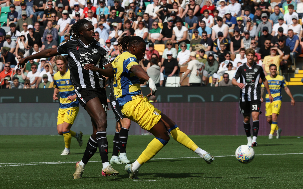 UDINE, ITALY - APRIL 18: Nesta Elphege of Parma scores his team's first goal during the Serie A match between Udinese Calcio and Parma Calcio 1913 at Stadio Friuli on April 18, 2026 in Udine, Italy. (Photo by Timothy Rogers/Getty Images)