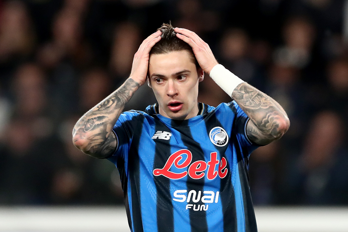 BERGAMO, ITALY - APRIL 22: Nicola Zalewski of Atalanta reacts during the Coppa Italia semifinal match between Atalanta BC and SS Lazio at New Balance Arena on April 22, 2026 in Bergamo, Italy. (Photo by Marco Luzzani/Getty Images)