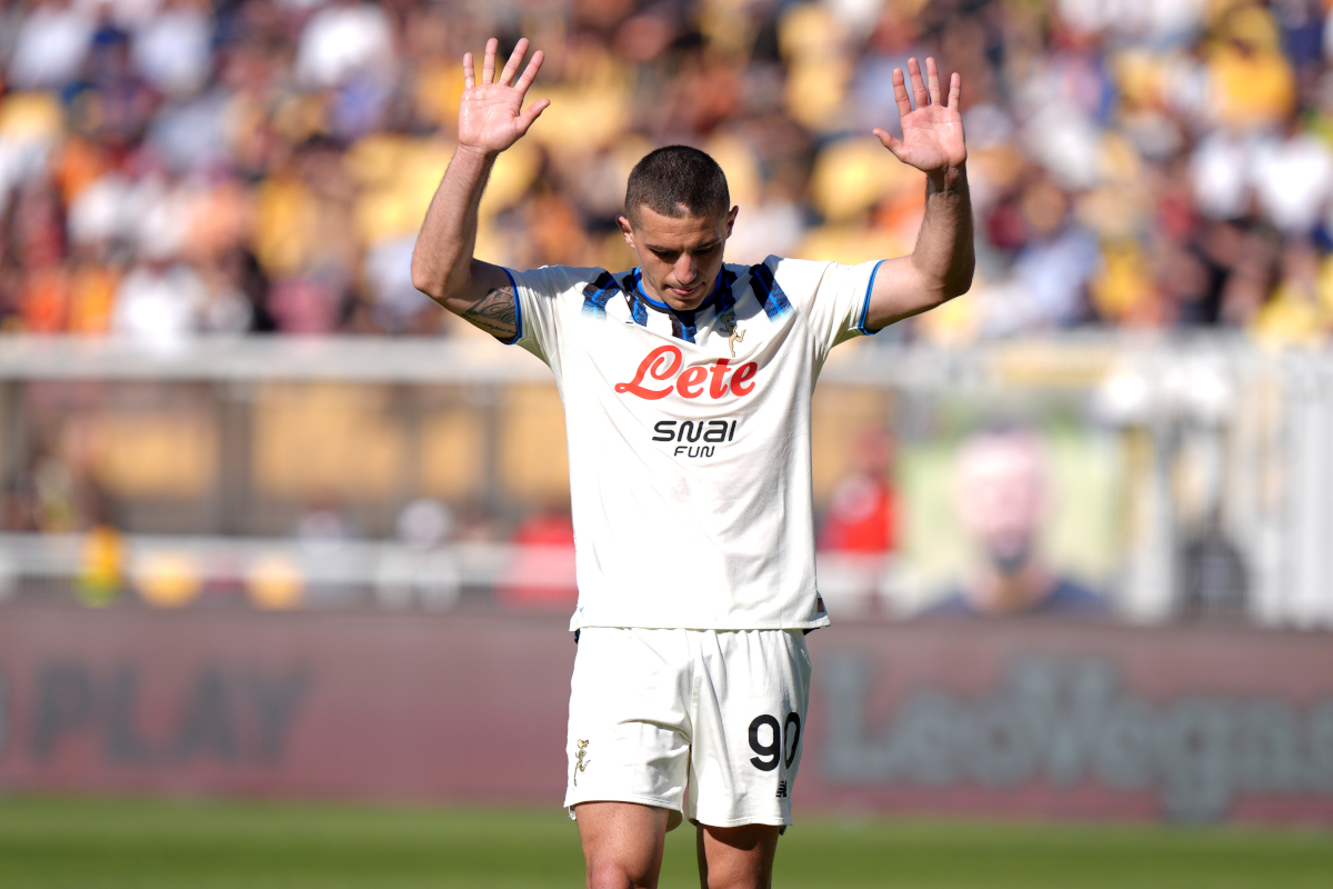 LECCE, ITALY - APRIL 06: Nikola Krstovic of Atalanta BC celebrates after scoring his side second goal during the Serie A match between US Lecce and Atalanta BC at Stadio Via del Mare on April 06, 2026 in Lecce, Italy. (Photo by Francesco Pecoraro/Getty Images)