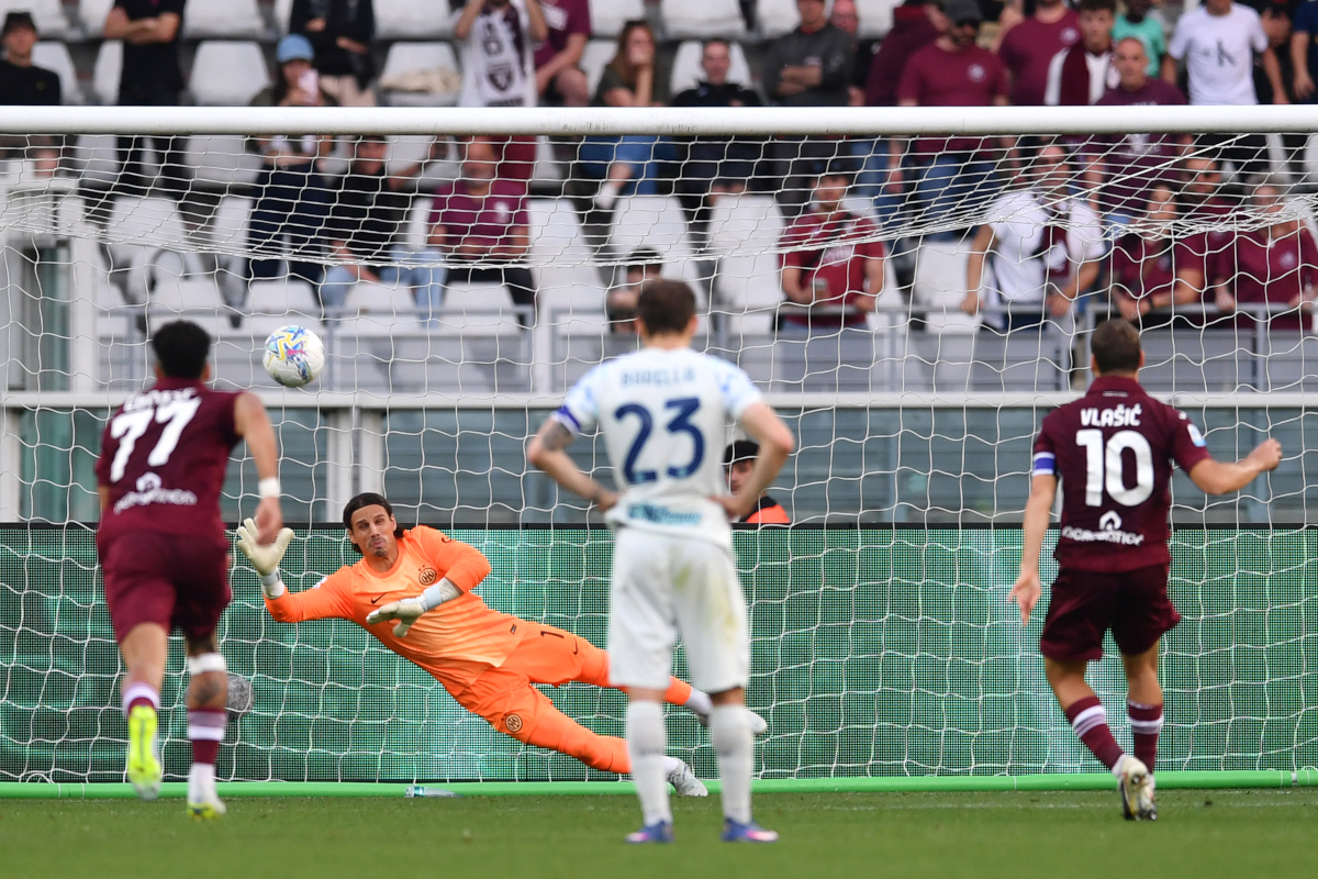 TURIN, ITALY - APRIL 26: Valentino Lazaro of Torino scores his team's second goal from the penalty spot during the Serie A match between Torino FC and FC Internazionale at Stadio Olimpico di Torino on April 26, 2026 in Turin, Italy. (Photo by Valerio Pennicino/Getty Images)