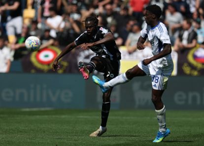 UDINE, ITALY - APRIL 06: Oumar Solet of Udinese kicks the ball out of defence during the Serie A match between Udinese Calcio and Como 1907 at Stadio Friuli on April 06, 2026 in Udine, Italy. (Photo by Timothy Rogers/Getty Images)