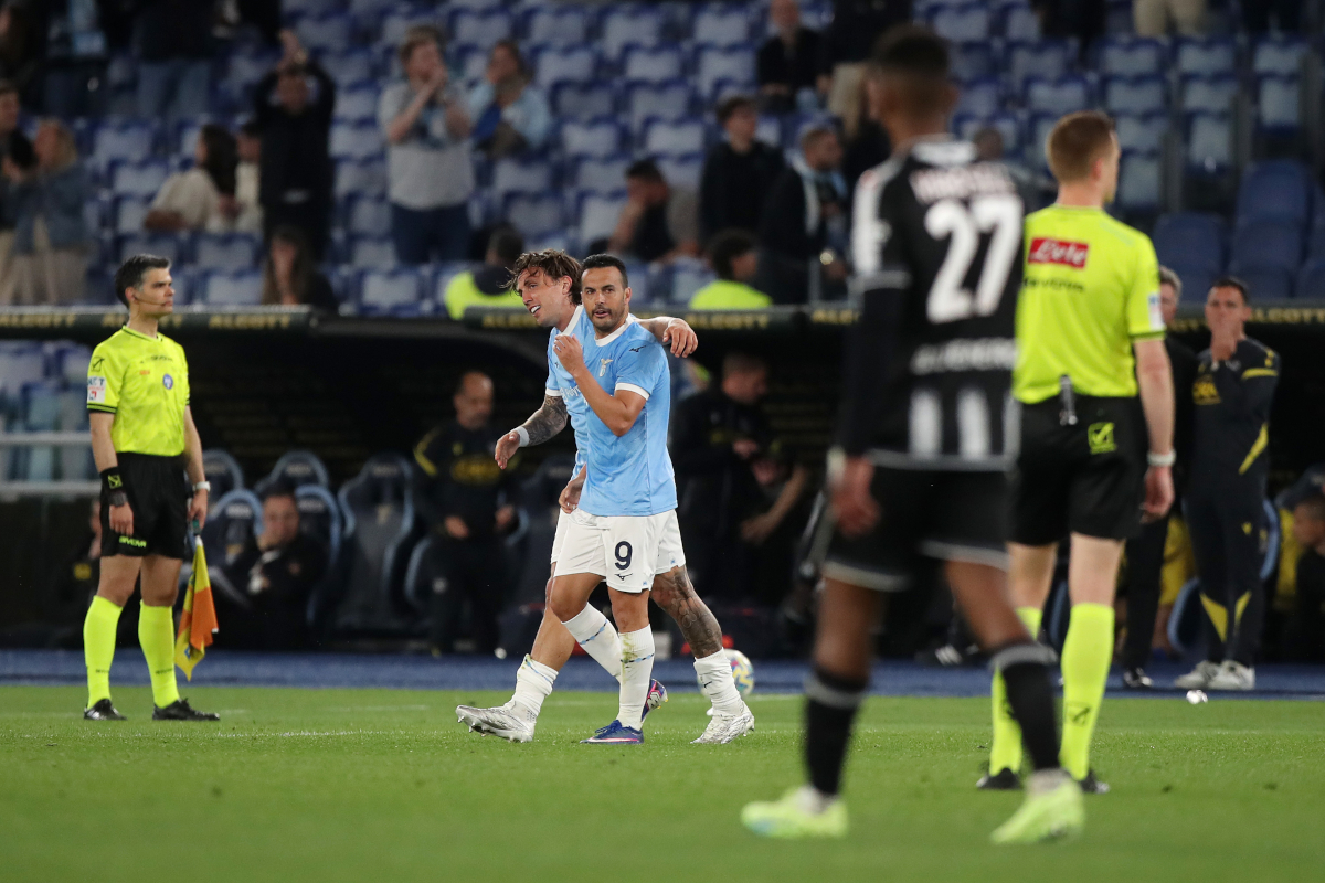 ROME, ITALY - APRIL 27: Luca Pellegrini of Lazio celebrates scoring his team's second goal with teammate Pedro during the Serie A match between SS Lazio and Udinese Calcio at Stadio Olimpico on April 27, 2026 in Rome, Italy. (Photo by Paolo Bruno/Getty Images)