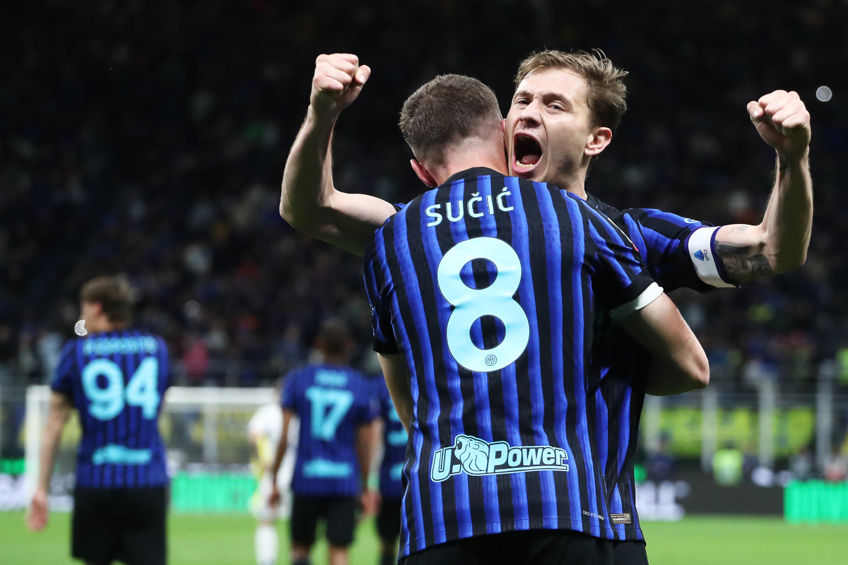 MILAN, ITALY - APRIL 21: Petar Sucic of FC Internazionale Milano celebrates scoring his team's second goal with Nicolo Barella the Coppa Italia Semi-Final match between FC Internazionale and Como at San Siro on April 21, 2026 in Milan, Italy. (Photo by Marco Luzzani/Getty Images)
