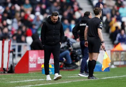 SUNDERLAND, ENGLAND - APRIL 12: Roberto De Zerbi, Manager of Tottenham Hotspur, looks down during the Premier League match between Sunderland and Tottenham Hotspur at Stadium of Light on April 12, 2026 in Sunderland, England. (Photo by George Wood/Getty Images)