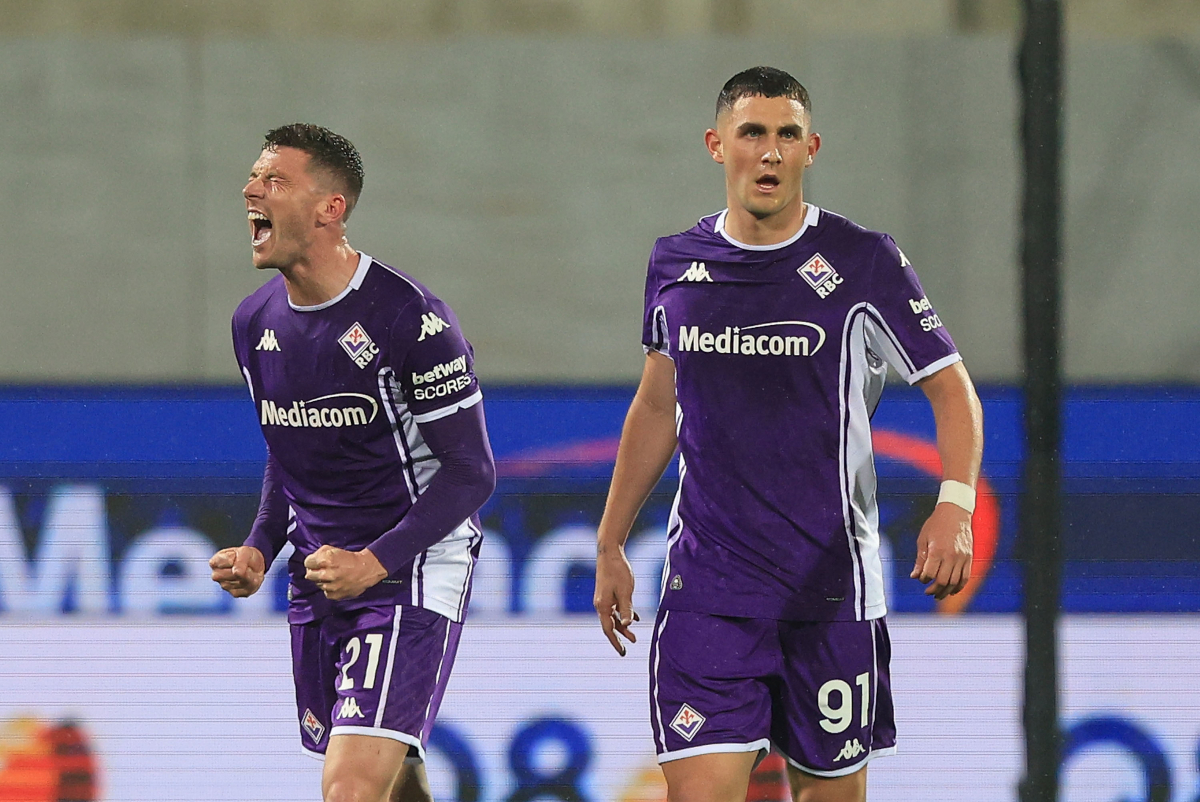 FLORENCE, ITALY - APRIL 13: Robin Gosens of ACF Fiorentina celebrates after scoring a goal with Roberto Piccoli of ACF Fiorentina during the Serie A match between ACF Fiorentina and SS Lazio at Artemio Franchi on April 13, 2026 in Florence, Italy. (Photo by Gabriele Maltinti/Getty Images)