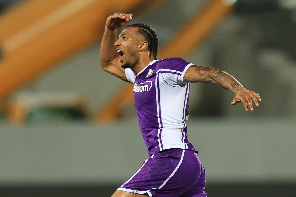 FLORENCE, ITALY - APRIL 16: Cher Ndour of ACF Fiorentina celebrates after scoring a goal during the UEFA Conference League 2025/26 Quarter-Final Leg Two match between ACF Fiorentina and Crystal Palace FC at Stadio Artemio Franchi on April 16, 2026 in Florence, Italy. (Photo by Gabriele Maltinti/Getty Images)