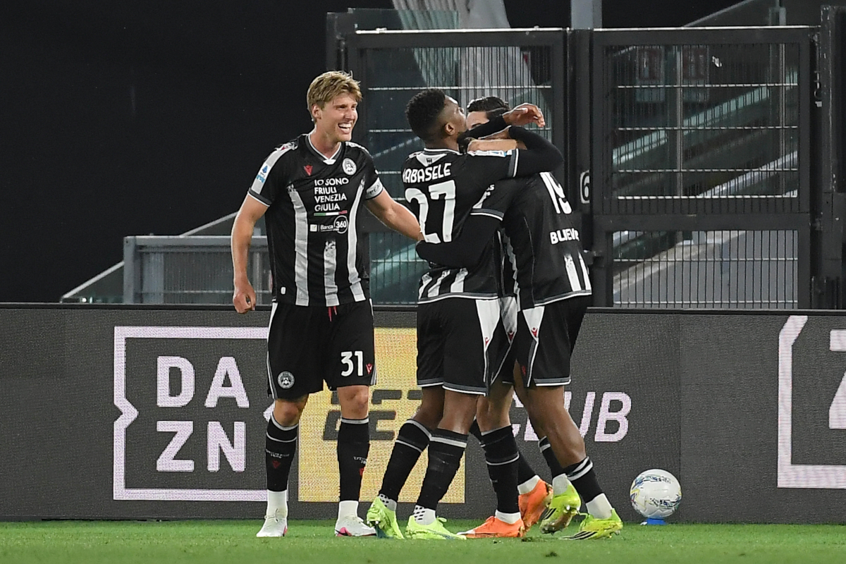 ROME, ITALY - APRIL 27: Kingsley Ehizibue of Udinese Calcio celebrates a opening goal with his team mates during the Serie A match between SS Lazio and Udinese Calcio at Stadio Olimpico on April 27, 2026 in Rome, Italy. (Photo by Marco Rosi - SS Lazio/Getty Images)