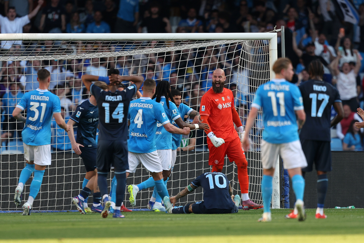 NAPLES, ITALY - APRIL 18: Vanja Milinkovic-Savic of SSC Napoli celebrates after stopping a penalty from Mattia Zaccagni of SS Lazio during the Serie A match between SSC Napoli and SS Lazio at Stadio Diego Armando Maradona on April 18, 2026 in Naples, Italy. (Photo by Francesco Pecoraro/Getty Images)