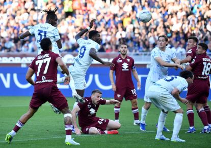 TURIN, ITALY - APRIL 26: Yann Aurel Bisseck of FC Internazionale Milano scores his team's second goal during the Serie A match between Torino FC and FC Internazionale at Stadio Olimpico di Torino on April 26, 2026 in Turin, Italy. (Photo by Valerio Pennicino/Getty Images)
