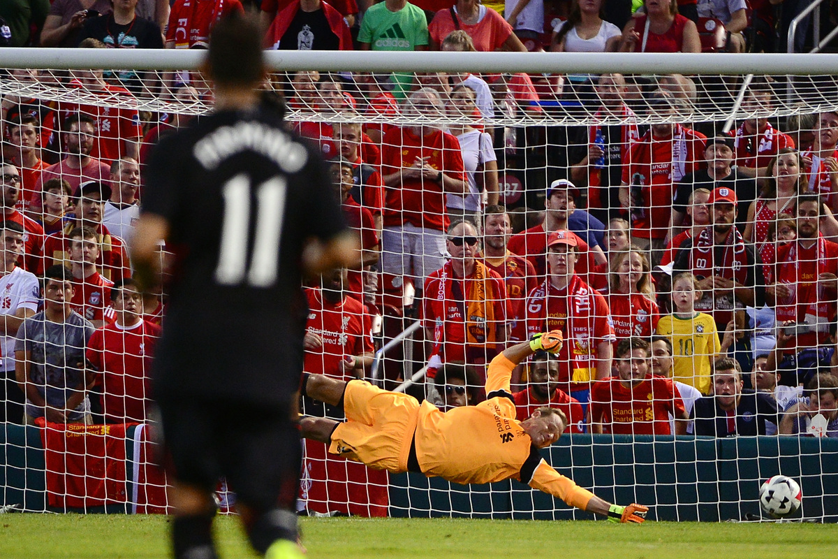 ST LOUIS, MO - AUGUST 01: Alexander Manninger #13 of Liverpool FC gives up a goal to Edin Dzeko #9 of AS Roma during a friendly match at Busch Stadium on August 1, 2016 in St Louis, Missouri. (Photo by Jeff Curry/Getty Images)