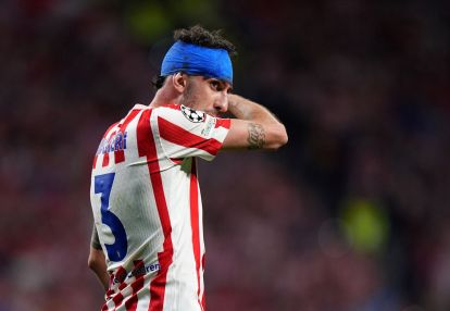 MADRID, SPAIN - APRIL 14: Matteo Ruggeri of Atletico de Madrid reacts during the UEFA Champions League 2025/26 Quarter-Final Second Leg match between Club Atlético de Madrid and FC Barcelona at Riyadh Air Metropolitano on April 14, 2026 in Madrid, Spain. (Photo by Angel Martinez/Getty Images)