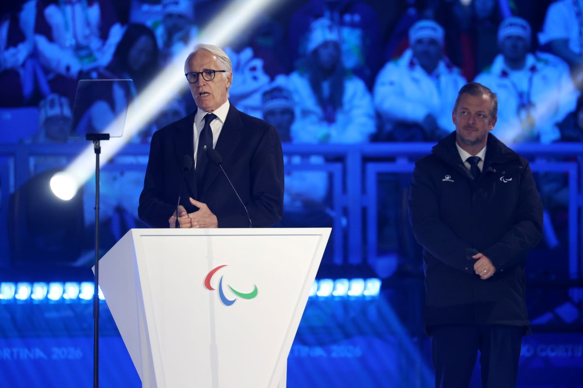 CORTINA D'AMPEZZO, ITALY - MARCH 15: Giovanni Malago, President of the Organising Committee for the Olympic and Paralympic Winter Games Milano Cortina 2026 delivers a speech during the Milano Cortina 2026 Winter Paralympic Games closing ceremony at Cortina Curling Olympic Stadium on March 15, 2026 in Cortina d'Ampezzo, Italy. (Photo by Mattia Ozbot/Getty Images)