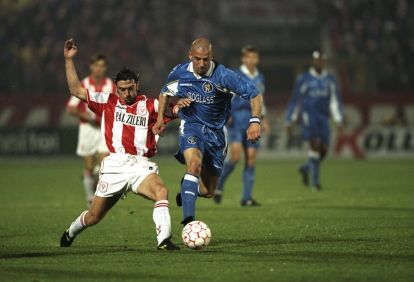 2 Apr 1998: GianLuca Vialli of Chelsea beats a Vicenza tackle during the European Cup Winners Cup semi-final between Vicenza and Chelsea played at the \ Mandatory Credit: Ben Radford /Allsport