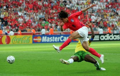 FRANKFURT, GERMANY - JUNE 13: Jung-Hwan Ahn of South Korea shoots on goal during the FIFA World Cup Germany 2006 Group G match between South Korea and Togo at the Stadium Frankfurt on June 13, 2006 in Frankfurt, Germany. (Photo by Laurence Griffiths/Getty Images)