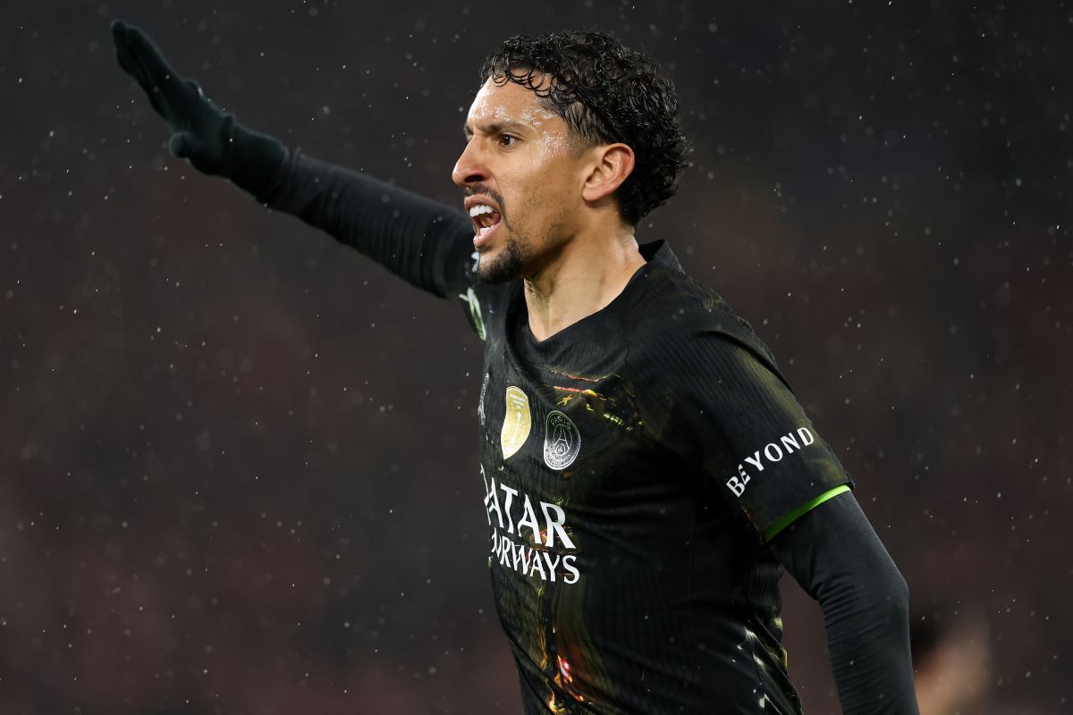 LIVERPOOL, ENGLAND - APRIL 14: Marquinhos of ParisSaint-Germain during the UEFA Champions League 2025/26 Quarter-Final Second Leg match between Liverpool FC and Paris Saint-Germain FC at Anfield on April 14, 2026 in Liverpool, England. (Photo by Michael Steele/Getty Images)