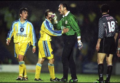16 Apr 1998: Pierluigi Brivio of Vicenza loses his cool with Jody Morris of Chelsea in the European Cup Winners'' Cup Semi-final at Stamford Bridge, London, England. Chelsea won the match 3-1 to go into the Final. \ Mandatory Credit: Stu Forster /Allsport