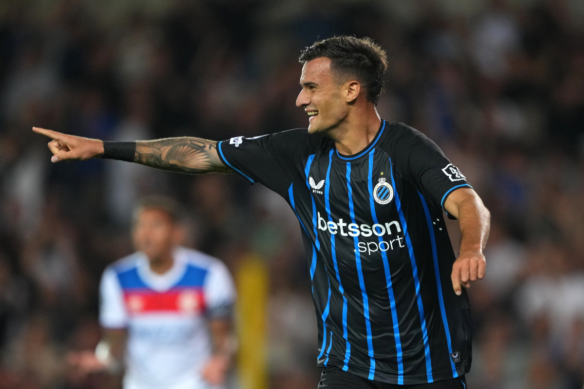 BRUGES, BELGIUM - AUGUST 27: Aleksandar Stankovic of Club Brugge celebrates scoring his team's fifth goal during the UEFA Champions League Play-offs Round Second Leg match between Club Brugge and Rangers at Jan Breydelstadion on August 27, 2025 in Bruges, Belgium. (Photo by Alex Bierens de Haan/Getty Images)