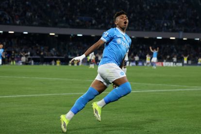 NAPLES, ITALY - MAY 11: Alisson Santos of SSC Napoli celebrates after scoring his side second goal during the Serie A match between SSC Napoli and Bologna FC 1909 at Stadio Diego Armando Maradona on May 11, 2026 in Naples, Italy. (Photo by Francesco Pecoraro/Getty Images)