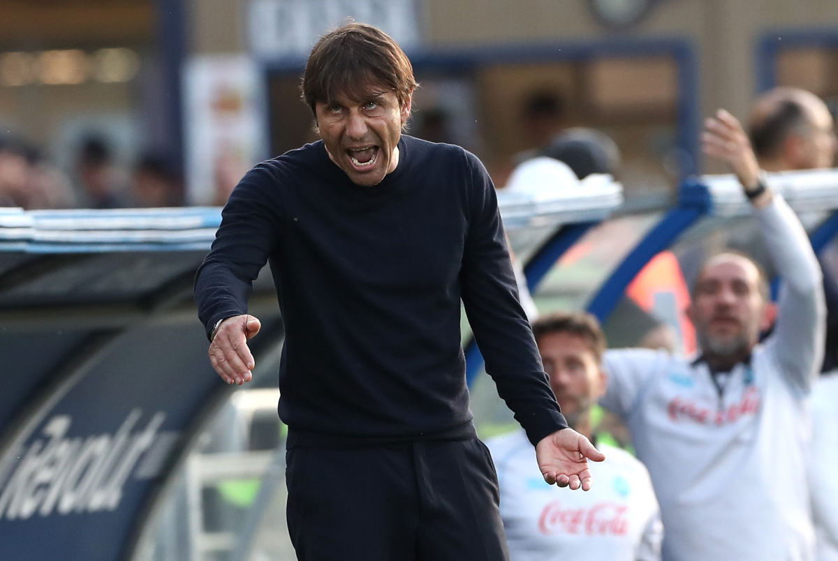 COMO, ITALY - MAY 02: SSC Napoli coach Antonio Conte reacts during the Serie A match between Como 1907 and SSC Napoli at Giuseppe Sinigaglia Stadium on May 02, 2026 in Como, Italy. (Photo by Marco Luzzani/Getty Images)