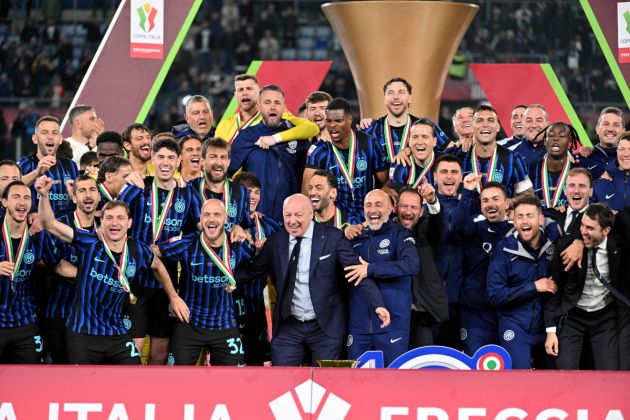 ROME, ITALY - MAY 13: Ceo of FC Internazionale Giuseppe Marotta celebrates with team after winning the Coppa Italia final match between SS Lazio and FC Internazionale at Stadio Olimpico on May 13, 2026 in Rome, Italy. (Photo by Marco Rosi - SS Lazio/Getty Images)