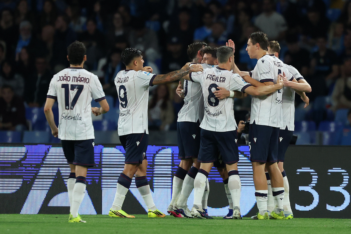 NAPLES, ITALY - MAY 11: Riccardo Orsolini of Bologna FC 1909 celebrates after scoring his side second goal during the Serie A match between SSC Napoli and Bologna FC 1909 at Stadio Diego Armando Maradona on May 11, 2026 in Naples, Italy. (Photo by Francesco Pecoraro/Getty Images)