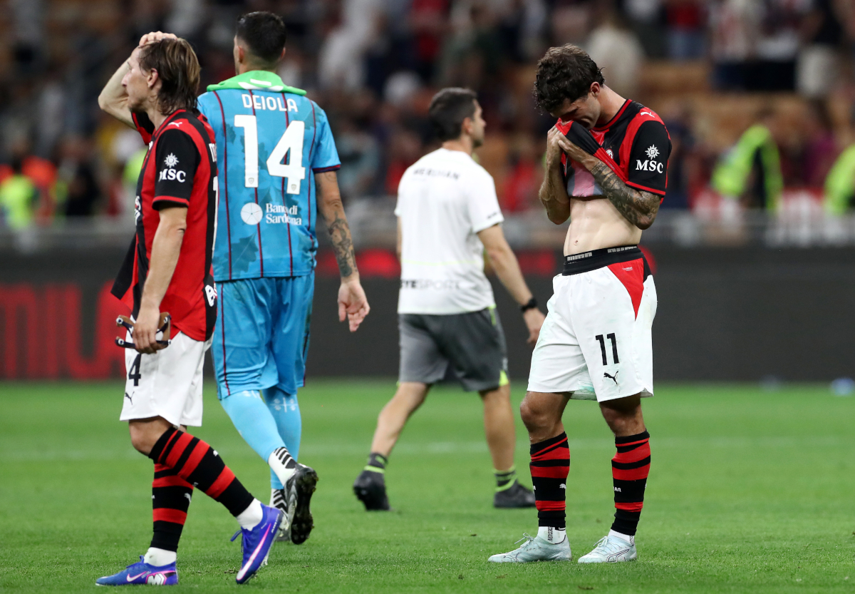MILAN, ITALY - MAY 24: Christian Pulisic of AC Milan dejected after the Serie A match between AC Milan and Cagliari Calcio at the Giuseppe Meazza Stadium on May 24, 2026 in Milan, Italy. (Photo by Marco Luzzani/Getty Images)