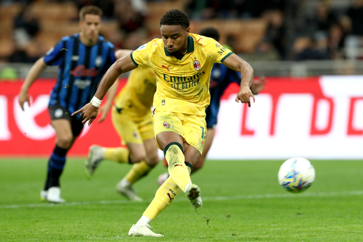 MILAN, ITALY - MAY 10: Christopher Nkunku of AC Milan scores his team's second goal from a penalty kick during the Serie A match between AC Milan and Atalanta BC at Giuseppe Meazza Stadium on May 10, 2026 in Milan, Italy. (Photo by Marco Luzzani/Getty Images)