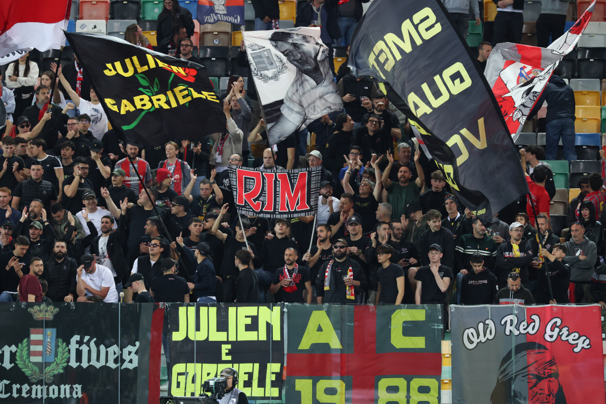 UDINE, ITALY - MAY 17: Cremonese supporters during the Serie A match between Udinese Calcio and US Cremonese at Stadio Friuli on May 17, 2026 in Udine, Italy. (Photo by Timothy Rogers/Getty Images)
