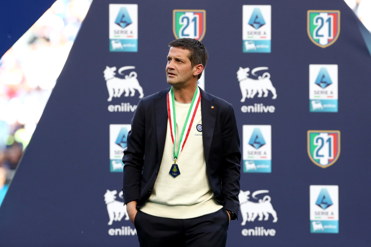 MILAN, ITALY - MAY 17: Cristian Chivu, Head Coach of FC Internazionale Milano, looks on during the trophy presentation after the Serie A match between FC Internazionale and Hellas Verona FC at Giuseppe Meazza Stadium on May 17, 2026 in Milan, Italy. (Photo by Marco Luzzani/Getty Images)