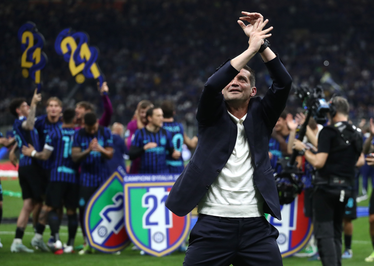 MILAN, ITALY - MAY 03: FC Internazionale coach Cristian Chivu celebrates after being confirmed as Serie A match between FC Internazionale and Parma Calcio 1913 at Giuseppe Meazza Stadium on May 03, 2026 in Milan, Italy. (Photo by Marco Luzzani/Getty Images)