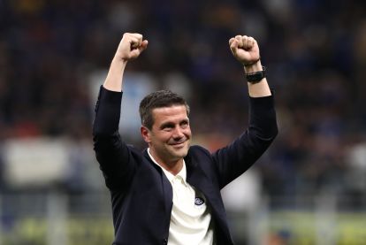 MILAN, ITALY - MAY 03: Cristian Chivu, Head Coach of FC Internazionale Milano, celebrates after being confirmed as Serie A champions following victory in the Serie A match between FC Internazionale and Parma Calcio 1913 at Giuseppe Meazza Stadium on May 03, 2026 in Milan, Italy. (Photo by Marco Luzzani/Getty Images)