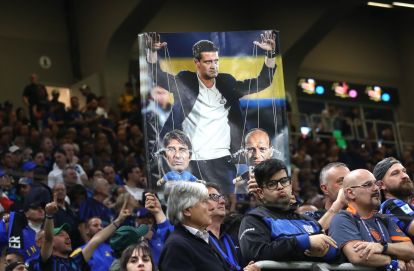 MILAN, ITALY - MAY 03: FC Internazionale fans display a banner featuring Cristian Chivu during the Serie A match between FC Internazionale and Parma Calcio 1913 at Giuseppe Meazza Stadium on May 03, 2026 in Milan, Italy. (Photo by Marco Luzzani/Getty Images)