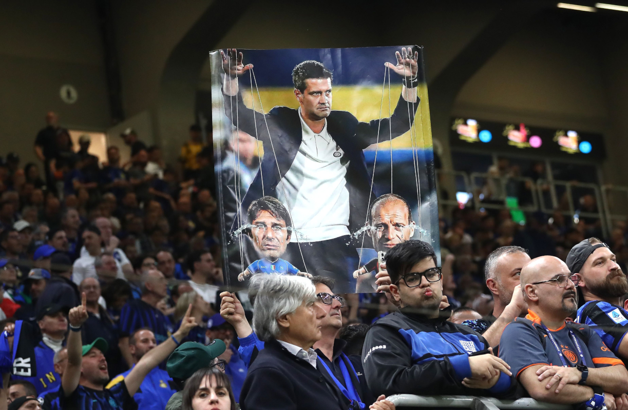 MILAN, ITALY - MAY 03: FC Internazionale fans display a banner featuring Cristian Chivu during the Serie A match between FC Internazionale and Parma Calcio 1913 at Giuseppe Meazza Stadium on May 03, 2026 in Milan, Italy. (Photo by Marco Luzzani/Getty Images)
