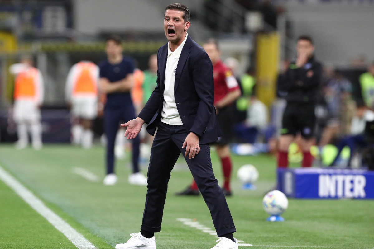 MILAN, ITALY - MAY 03: Cristian Chivu, Head Coach of FC Internazionale Milano, reacts during the Serie A match between FC Internazionale and Parma Calcio 1913 at Giuseppe Meazza Stadium on May 03, 2026 in Milan, Italy. (Photo by Marco Luzzani/Getty Images)