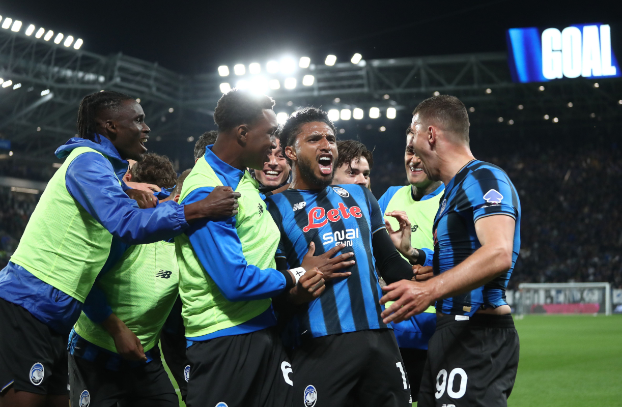 BERGAMO, ITALY - APRIL 22: Ederson of Atalanta BC celebrates with his team-mates his goal that was later disallowed by VAR during the Coppa Italia match between Atalanta BC and SS Lazio at New Balance Arena on April 22, 2026 in Bergamo, Italy. (Photo by Marco Luzzani/Getty Images)