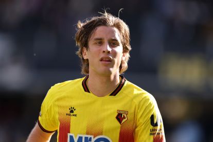 WATFORD, ENGLAND - APRIL 18: Edoardo Bove of Watford in action during the Sky Bet Championship match between Watford and Sheffield United at Vicarage Road on April 18, 2026 in Watford, England. (Photo by Richard Heathcote/Getty Images)