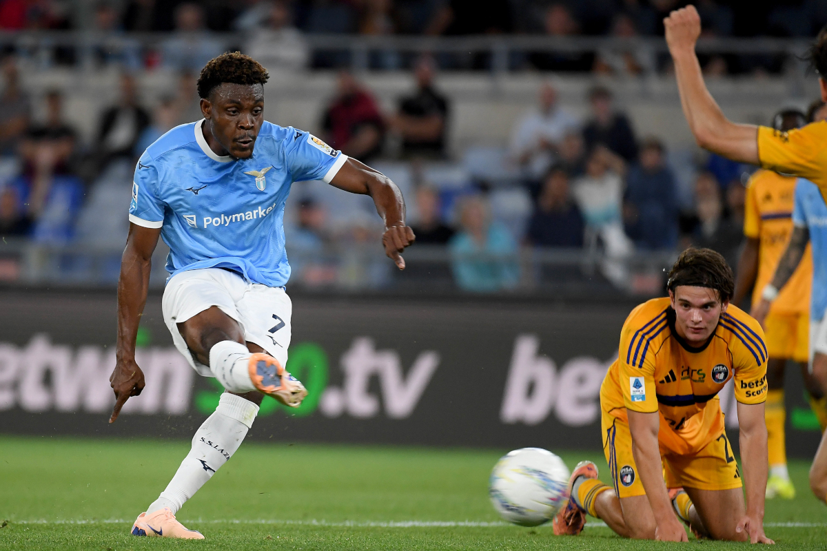 ROME, ITALY - MAY 23: Fisayo Dele-Bashiru of SS Lazio scores a goal during the Serie A match between SS Lazio and Pisa SC at Stadio Olimpico on May 23, 2026 in Rome, Italy. (Photo by Marco Rosi - SS Lazio/Getty Images)