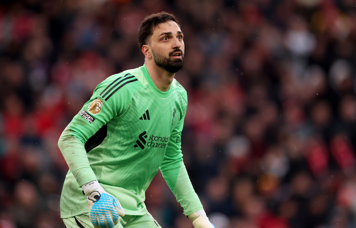 LIVERPOOL, ENGLAND - APRIL 11: Giorgi Mamardashvili of Liverpool during the Premier League match between Liverpool and Fulham at Anfield on April 11, 2026 in Liverpool, England. (Photo by Carl Recine/Getty Images)